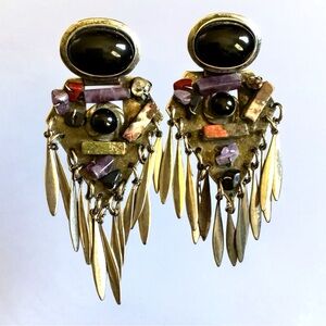 Vtg Sorrelli Silver Tone Clip On Earrings Brutalist Art Fringe Dangle Statement